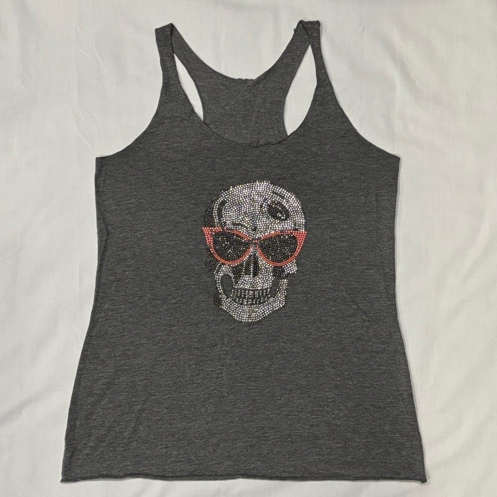 Women's Racerback Tank Top Rhinestone Skull With Pink Sunglasses Size Large